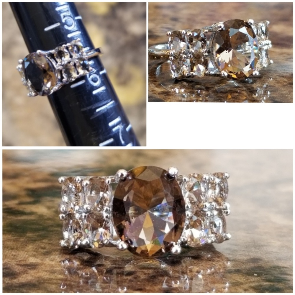 Genuine 5ct Smokey Topaz Cluster Ring Size 5.5 - Picture 7 of 7
